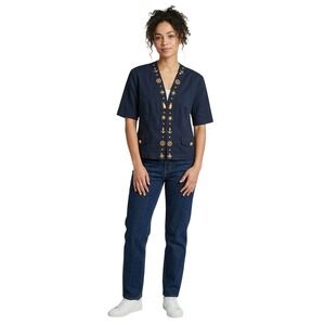 Mondi Women's Size 42 Navy Blue Short Sleeve Gold Anchor Nautical Charm Jacket